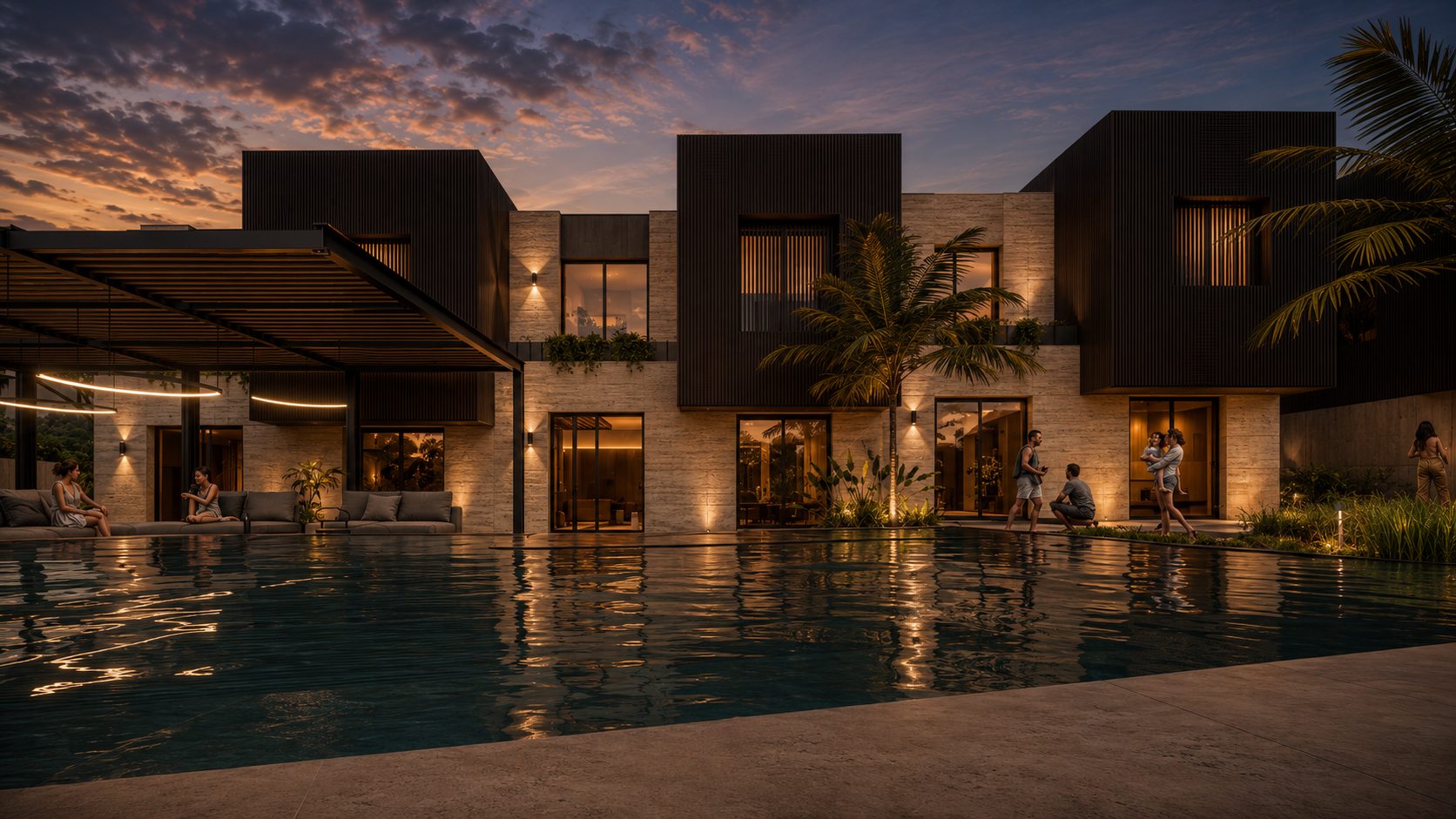 AM Apartments — vista da piscina ao entardecer