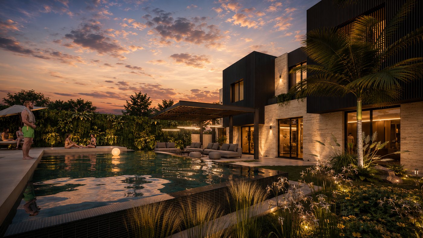 AM Apartments — zona de piscina ao pôr do sol
