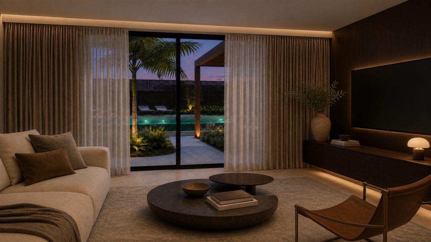 AM Apartments — sala com vista para a piscina ao entardecer
