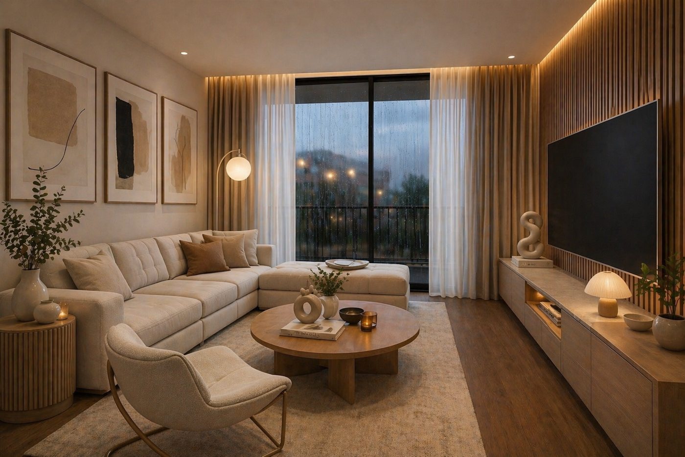 MH Apartments — sala do T1 ao entardecer, em dia de chuva